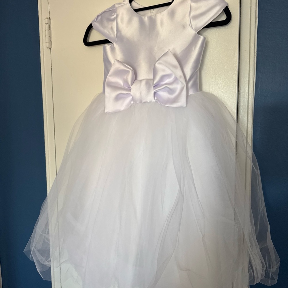 Zoe Ltd White Satin & Tulle Flower Girl Dress with Bow
